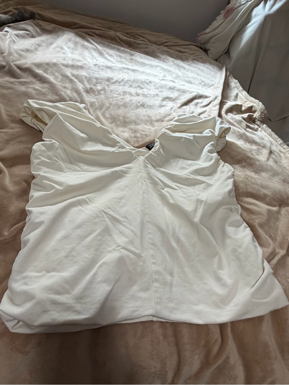J Crew Double Knit Gathered Women's Cream V-Neck Short Sleeve Top Large